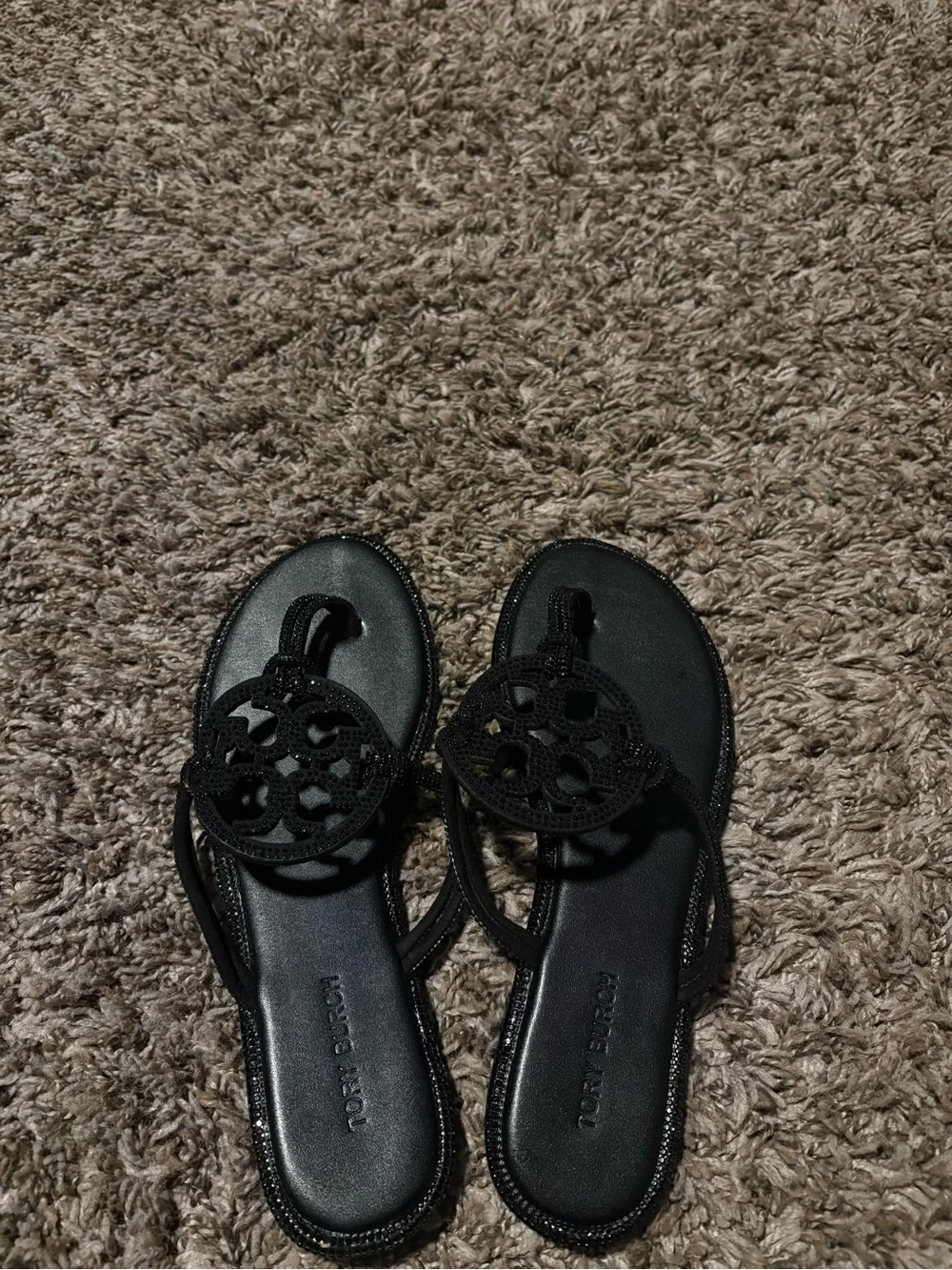 Tory Burch Black rhinestone Circle Logo Toe-Post Sandals